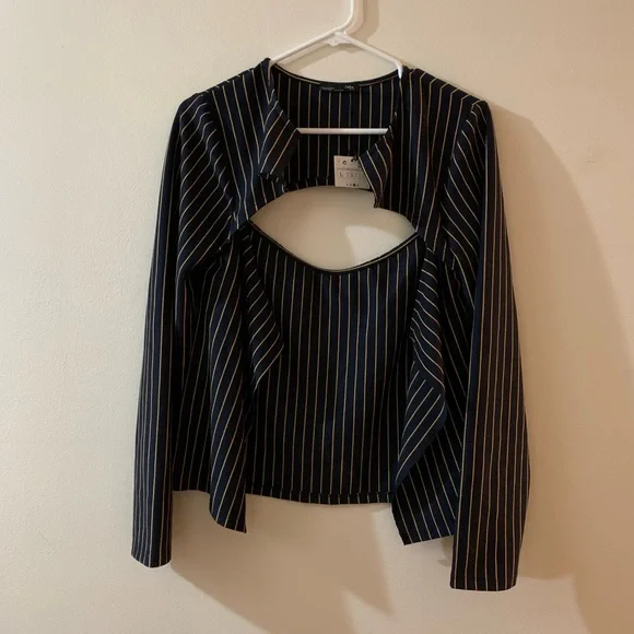 NWT Zara open back top navy & tan stripes size large *see description* - Picture 2 of 8